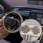 Leopard Animal Skin Steering Wheel Cover for Women, Anti-Slip Car Steering Wheel Cover with 2 Pcs Cup Holders Neoprene Breathable Car Accessories Universal 15 Inch Auto Interior Decor