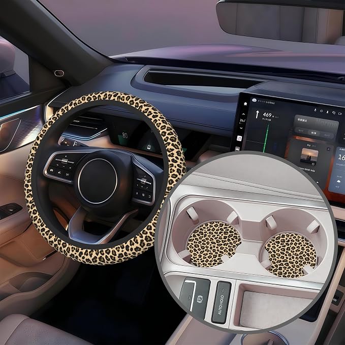 Leopard Animal Skin Steering Wheel Cover for Women, Anti-Slip Car Steering Wheel Cover with 2 Pcs Cup Holders Neoprene Breathable Car Accessories Universal 15 Inch Auto Interior Decor