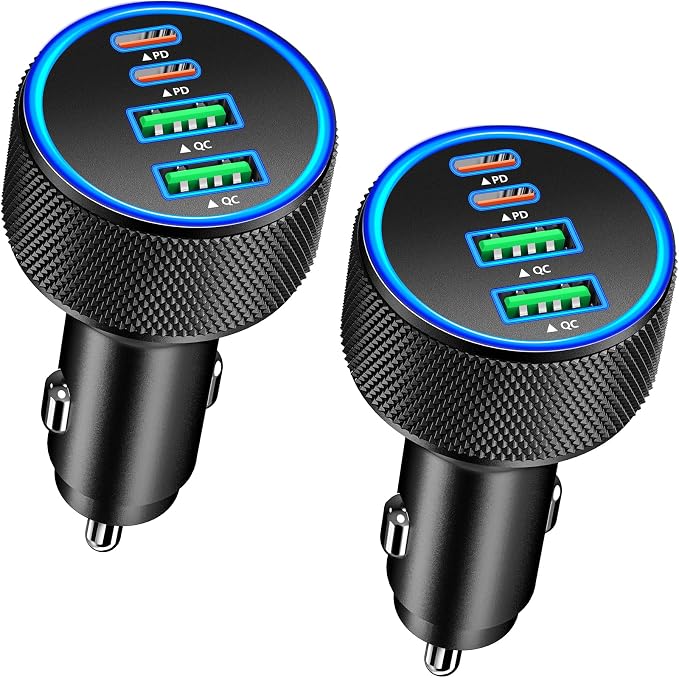 Car Charger USB C, 2Pack 4-Port 90W Dual USB-C&USB-A Car Power Cigarette Lighter Adapter PD/QC3.0 Type C Fast Car Charging for iPhone 17 17 Pro Max 16 15 14 13 12 11/Galaxy S26 S25/Pixel/iPad