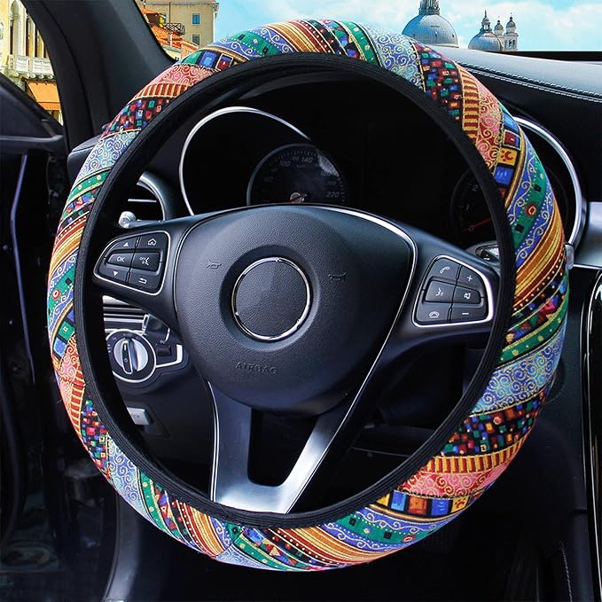 3 Pack Boho Steering Wheel Cover with Car Cup Holder Coasters Universal Baja Hippie Bohemian Style Steering Wheel Covers Cute Car Steering Wheel Cover for Women Girl 15 Inch (Orange)