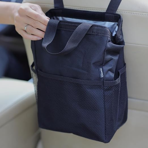 New Leak-Proof Travel Trash Bag, Hanging Car Trash Can with Hook and Loop Lid and Handle, Multipurpose Trash Bin with Storage Pockets for Car SUV Truck RV Camping 2 Gallons, Black