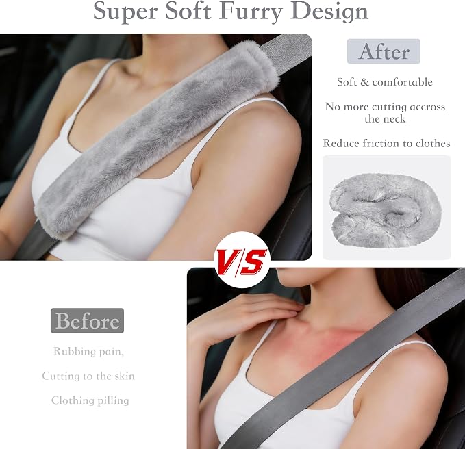 Soft Faux Fur Universal Fit Seatbelt Cover Car Truck SUV Airplane Seat Belt Shoulder Pad for Carmera Backpack Straps Neck Cushion Protector 2 Pack 10.5in Light Silver Grey
