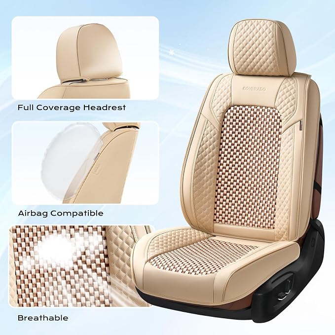 Coverado Seat Covers Full Set, 5 Seats Universal Seat Covers for Cars, Beige Car Seat Covers Front Seats Back Seat Cover, Breathable Car Seat Cushion, Leather Seat Cover Seat Protector Fit Most Cars