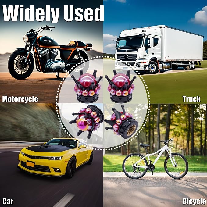 4PCS Crown Bling Tire Stem Valve Caps, Crystal Diamond Tire Air Cap Set Universal Copper Core Stem Covers for Cars, SUV, Trucks, Bikes, Motorcycles, Bicycles (Black & Red)