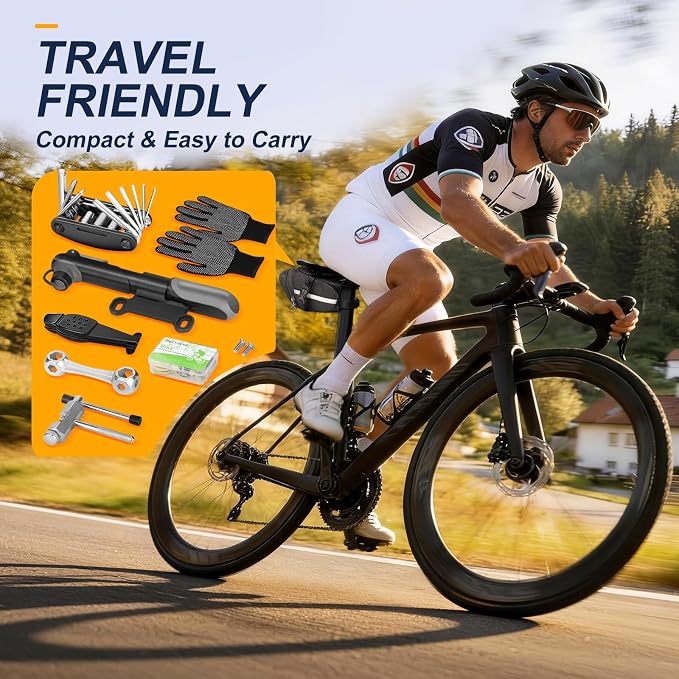 Bike Repair Kit, 27-Piece Bicycle Tire Repair Kit with 120 PSI Mini Pump, 16-in-1 Multitool, Tire Levers, Patches & Saddle Bag for Road & Mountain Bikes