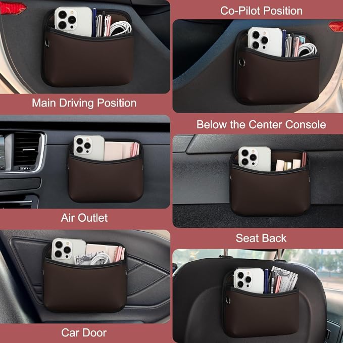 Universal Car Side Pocket Organizer, PU Leather Car Pocket Pouch for Car Seat, Door, Window, Console, Cards Trash Cell Phone Sunglasses Holder for Car, Brown