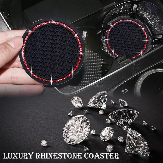 2PCS Bling Cup Holder Coaster, 2.75 Inch Auto Car Cup Holder Insert Coasters, Soft Silicone Anti-Slip Shockproof, Universal Vehicle Interior Accessories for Women Girls (Black & Red)
