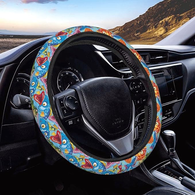 Colorful Cartoon Bass Fishes Steering Wheel Covers Anti-Slip Elasticity Car Accessories Steering Wheel Protector Universal 15 Inch for Cars SUV Vehicle Truck