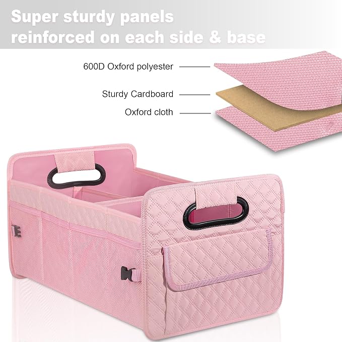 Car Trunk Organizer for SUV, Car Storage Organizer Collapsible Multi Compartment Container Box, Adjustable Car Accessories for Women/Men, Large Pink