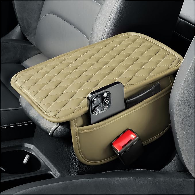 Arm Rest Cover for Car,Leather+Memory Foam Center Console Cover with Storage Bags,Universal Middle Console Cover Car Accessories Interior for Most Car Center Consoles (Beige)