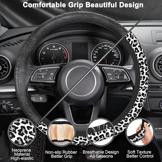 Leopard Steering Wheel Cover,Cheetah Print 2 PCS Car Coasters Leopard 14.5-15 Inch Neoprene Steering Wheel Cover,Anti-Slip Breathable Car Accessories Fits Auto Interior Decor