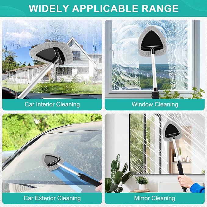 Windshield Cleaner Tool, Car Interior&Exterior Window Cleaning Tool with Extendable Handle & 4 Reusable Microfiber Pads, Auto Glass Wiper Brush Kit for Cars (Grey)