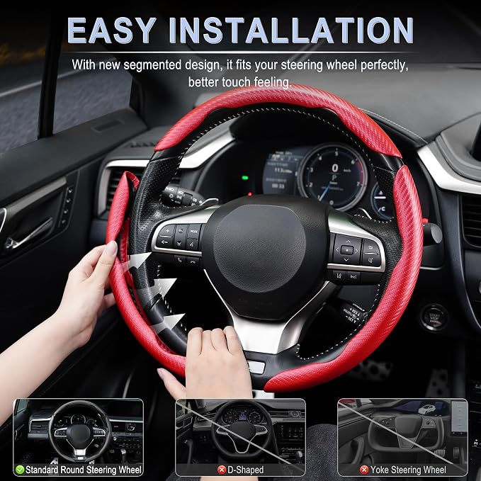 3pcs Carbon Fiber Anti-Skid Steering Wheel Cover, Waterproof & Segmented Butterfly Design, Universal 99% Vehicle Wheel Cover Protector, Car Interior Accessories (Red-3pcs)