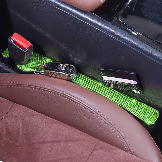 Green Bling Car Seat Gap Filler, Set of 2 Handmade Crystal Rhinestone Diamond Green Car Gap Filler Fit for Car Truck SUV Lime Green Bling Car Accessories(Grass Green)