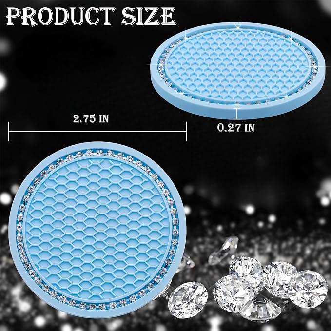 2PCS Bling Cup Holder Coaster, 2.75 Inch Auto Car Cup Holder Insert Coasters, Soft Silicone Anti-Slip Shockproof, Universal Vehicle Interior Accessories for Women Girls (Light Blue & White)