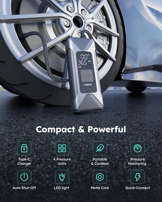 T10 Tire Inflator Portable Air Compressor, 160PSI Cordless Electric Air Pump with 7500mAh Battery, Digital Gauge, Auto Shut-off, Fast Inflation for Car, Motorcycle, Bike, Bicycle, Balls