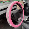 D Shaped Bling Comfy Steering Wheel Cover with Jumbo Crystal Rhinestones, Anti-Slip Diamond Leather, Flat Bottom 14.5-15 Inch (All Pink)