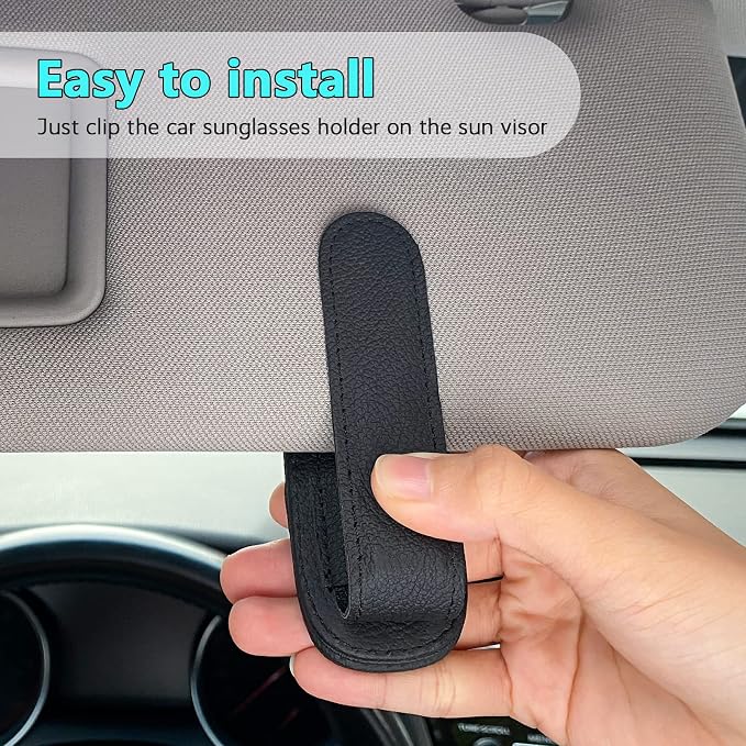 Sunglass Holder for Car Visor Clip, Magnetic Leather Eyeglass Hanger Clip for Car, Square Car Visor Accessories (Black)