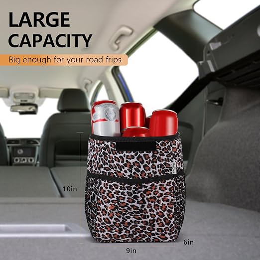 Leopard Car Trash Can with Lid & Coasters | 2 Gallon Leak-Proof Hanging Garbage Bin for Back Seat | Waterproof Storage Organizer & Cooler Bag for Road Trips, SUVs & Family Travel
