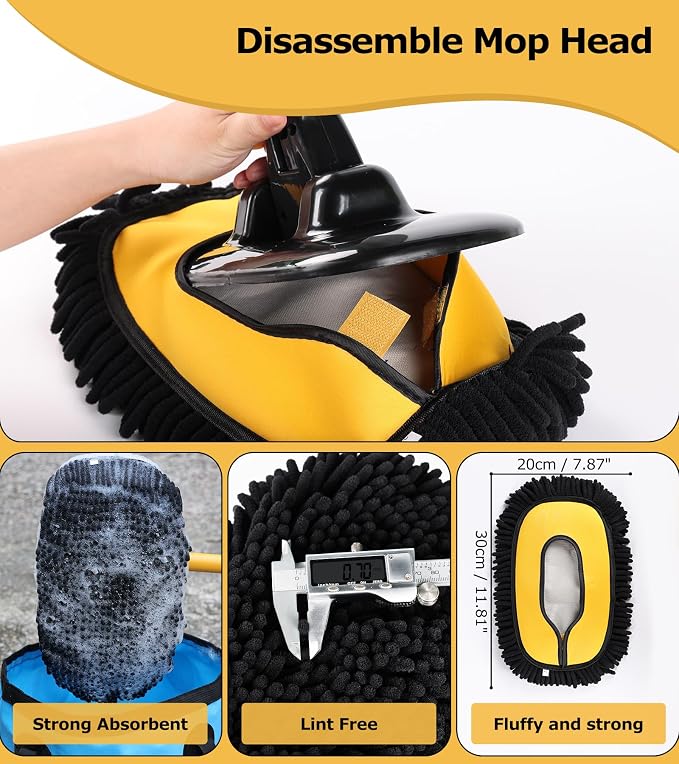 56.7" Car Wash Brush Mop Kit Mitt Sponge with Long Handle Car Cleaning Supplies Kit Tools Car Washing Duster Exterior Scratch Free, Chenille Replacement Head Extension Pole