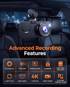 Dash Cam Front and Rear Inside, 4K Full HD 3 Channel Dash Camera for Cars, Free 32GB Card, Dashcam with 24H Parking Mode, Night Vision, G-Sensor, 170°Wide Angle, Loop Recording