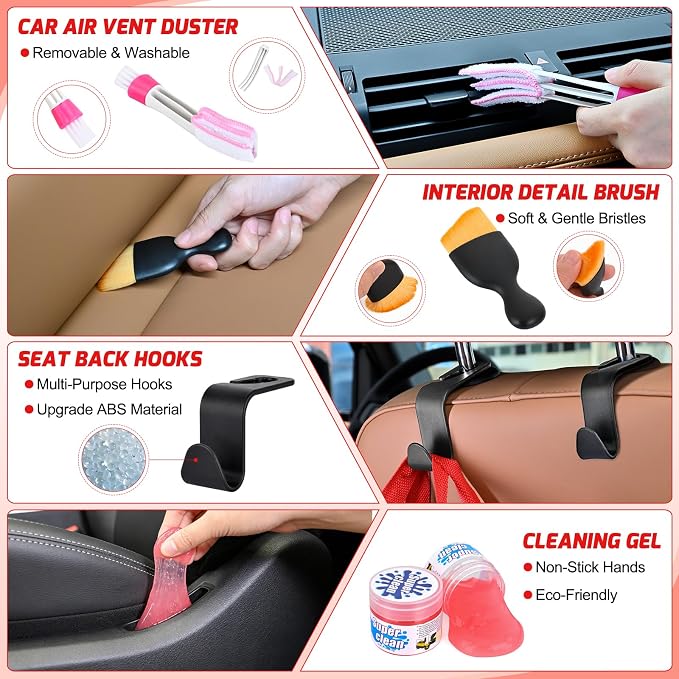 52PCS Car Detailing Kit Auto Cleaning Tools Wash Set with Storage Carry Bag Home Use for Interior Exterior Deep Clean Polish Car Care Windshield Dashboard Seat Air Vents Wheels Tires, Red