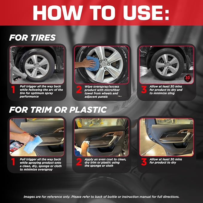120230 Tire Trim Plastic Dressing, Medium Shine, Streak-Free, Water Resistant & Non-Greasy Formula for Tires, Trim & Plastic, Lasts Up to 2 Weeks - 16 Fl Oz