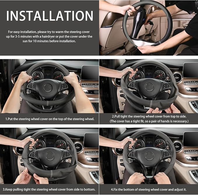 Breathable Steering Wheel Cover Microfiber Leather with Center Mark Design Universal Medium Size 14 1/2-15 Inch Gray and Black