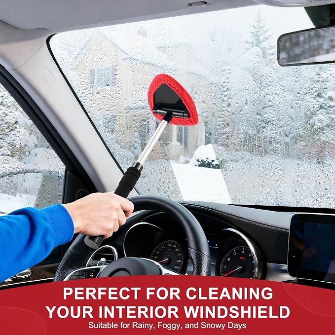 Windshield Cleaner Tool, Car Interior&Exterior Window Cleaning Tool with Extendable Handle & 4 Reusable Microfiber Pads, Auto Glass Wiper Brush Kit for Cars (Red)
