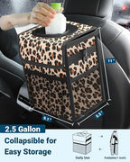 Car Trash Can with Lid, Leakproof Car Trash Bag Hanging Waterproof Automotive Garbage Can with Storage Pockets Mini Vehicle Trash Bin for Back/Front Seat(Leopard,2.5 Gallon)
