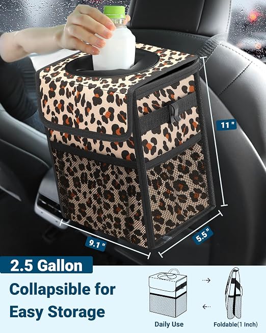 Car Trash Can with Lid, Leakproof Car Trash Bag Hanging Waterproof Automotive Garbage Can with Storage Pockets Mini Vehicle Trash Bin for Back/Front Seat(Leopard,2.5 Gallon)