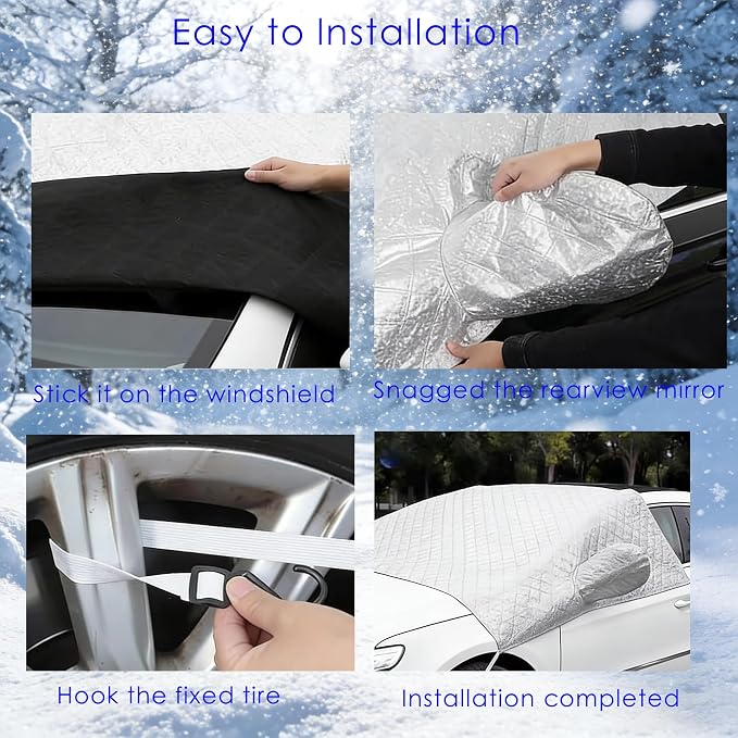 Front Windshield Snow Cover with Side Window Protection for Car and SUV, Winter Frost Ice Guard, Windproof Car Windshield Protector (Aluminum Film White)
