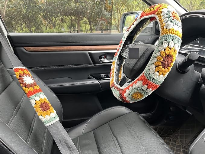 Steering Wheel Cover,Handmade Crochet Rainbow Sunflower Granny Square Steering Wheel Covers (Steering Wheel Cover+2 Belt Cover)