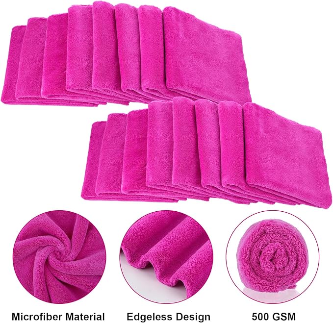 30 Pcs 16 x 16 Inch Edgeless Microfiber Plush Towels for Cars Detailing Drying Wash Polishing Absorbent Cleaning Cloths, 500 GSM (Fuchsia)