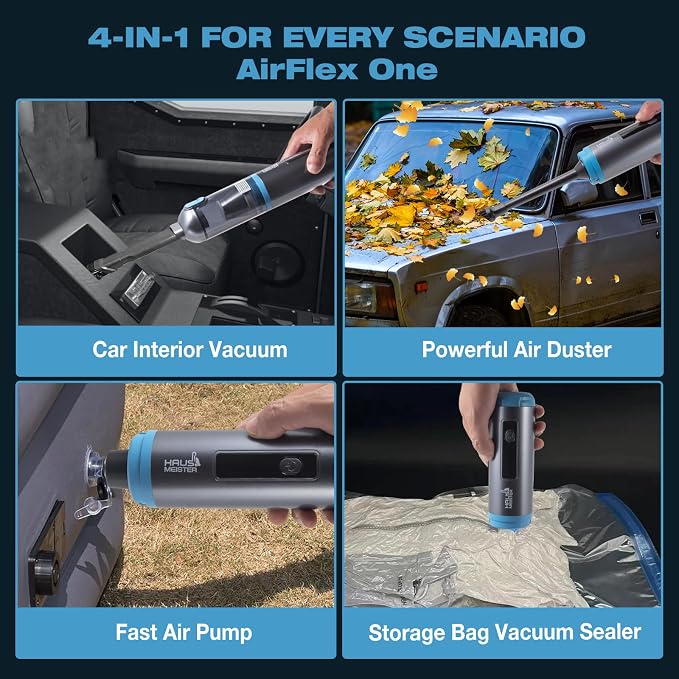 Airflex One Cordless Car Vacuum 16000Pa, 4-in-1 Handheld Vacuum with Air Duster & Inflator, Portable Mini Vac for Car Detailing, Pet Hair, Keyboard Cleaning (Gray)