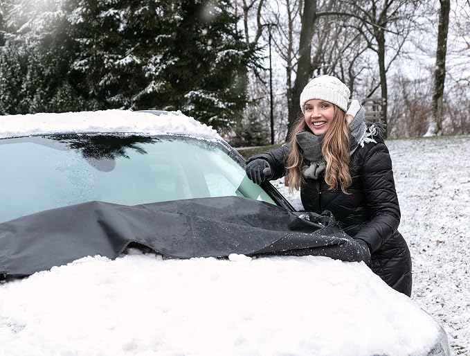 Windshield Cover for Ice and Snow - Snow Cover for Car, Truck and SUV Made of All-Weather 600D Polyester with 6 Anchor Points Ends Ice Scraping and Protects Window Glass from Scratches (79” x 45”)