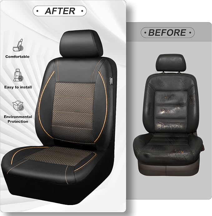 Piping PU Leather Car Seat Cover Full Set,Inside Zipper Design and Reserved Opening Holes,Airbag Compatible,Universal FIT for Car, SUVs,Van,Small Trucks（Full Set, Black & Gold）