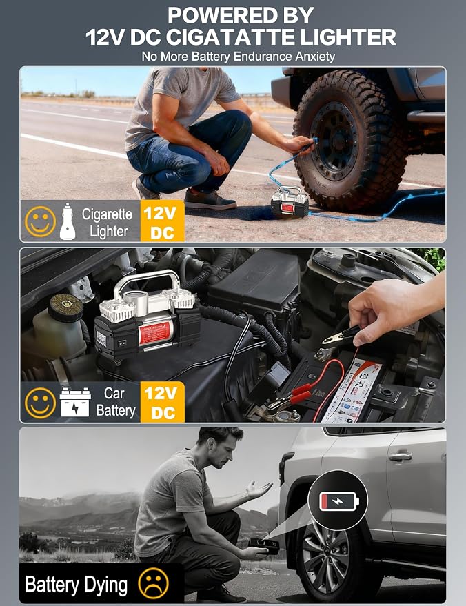 Heavy Duty Tire Inflator 12V Portable Air Compressor Pump 150PSI | 6X Faster Inflation Dual Cylinder Metal Air Pump with Led Light for Car, RV,Pickup Truck, SUV, Van,Camper, Air Bed,Balls