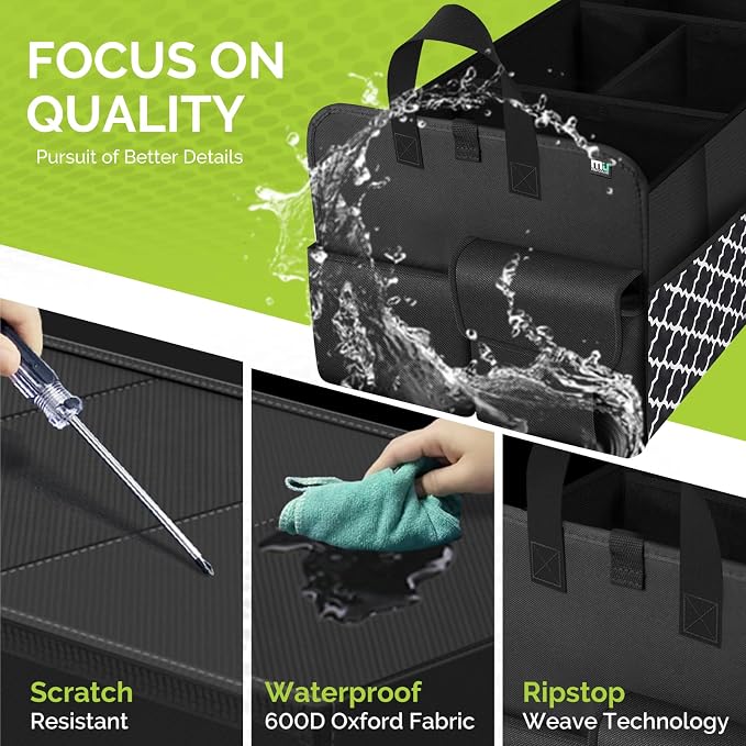Trunk Organizer for SUV, Car Organizer, Collapsible Trunk Organizer for Car, Non-Slip Storage Organizer for Sedans, Van, Jeep, Grocery, Large 4 Compartments, Black Grid 32"×13"×12"