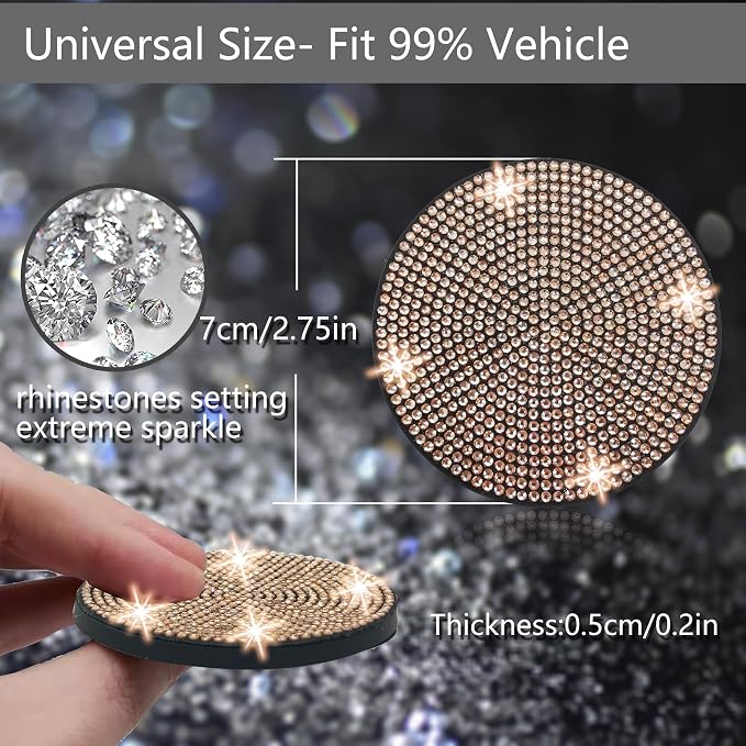 4pcs Bling Car Cup Holder Coaster, 2.75 inch Anti-Slip Shockproof Universal Fashion Car Coasters Insert Bling Crystal Rhinestone Automotive Interior Accessories for Women (Champagne)