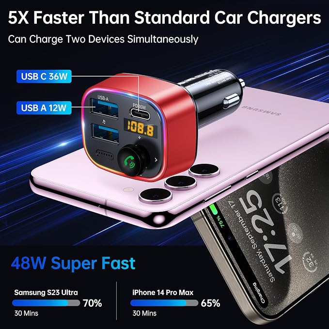 Bluetooth 5.4 FM Transmitter Car Adapter 48W (PD 36W & 12W) [Light Switch] [Hi-Fi Deep Bass] [Fast Charge] Wireless Radio Music Adapter LED Display Hands-Free Calling Support USB Drive, Red