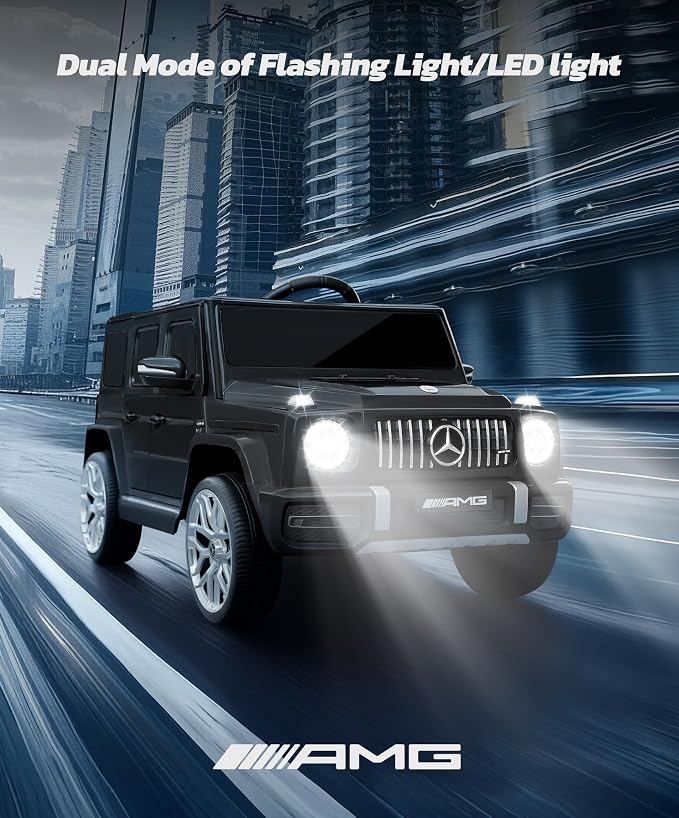 Licensed Mercedes-Benz AMG G63 Ride on Toys,12V Ride on Car with Remote Control,Rechargeable Battery,Flickering Lights/LED Lights, Bluetooth,Music, Soft Start, Low Battery Prompt,Dark Black