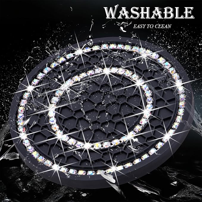 2PCS Bling Crystal Rhinestone Cup Holder Coaster, 2.75 inch Soft Silicone Anti-Slip Shockproof, Car Cup Holder Insert Coasters, Universal Car Interior Accessories for Women (Black & Colorful)