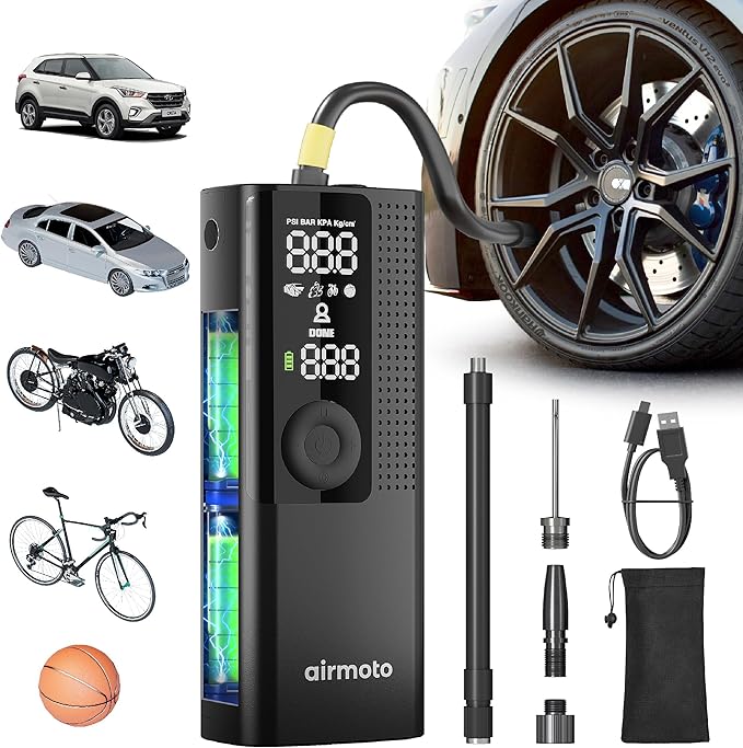 Tire Inflator Portable Air Compressor - Air Pump For Car Tires with Digital Pressure Gauge, LED Light and Auto Shut-Off Function - Cordless Pump for Car, Motorcycle, Bicycle, Ball