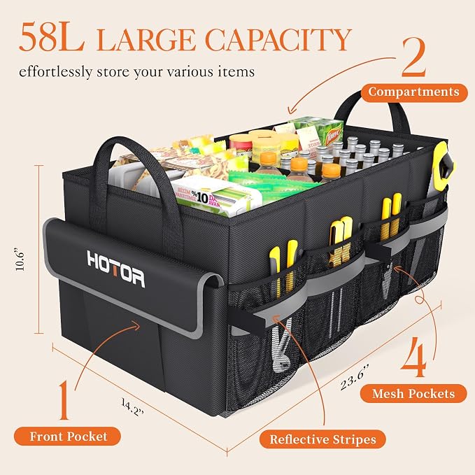 Trunk Organizer - Car Organizer with 5 Pockets, Trunk organizer for SUV, Sedan & Van, Car Organization with Sturdy Base Panel for Car Accessories, Black, 2 Compartments, 23.6"×14.2"×10.6"