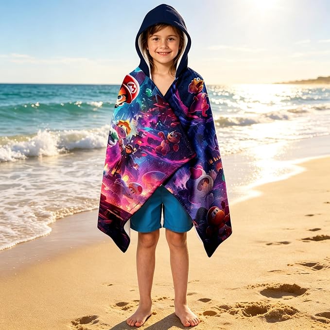 Mario Soft Cotton Terry Hooded Towel Wrap, Cartoon Character Hooded Poncho Towel for Bath Pool Beach, 28 in x 55 in