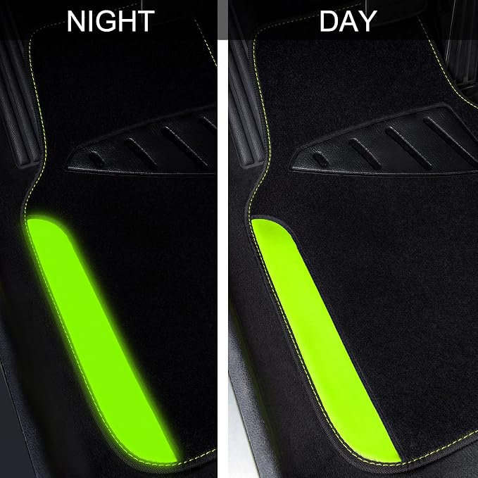 Fluorescent Leather & Waterproof Car Carpet Floor Mats, Universal Car Mats Fit for SUV,Vans,sedans, Trucks,Set of 4pcs Car Carpet with Anti-Slip nibbs Driver Heel Pad (Black Green Lime)