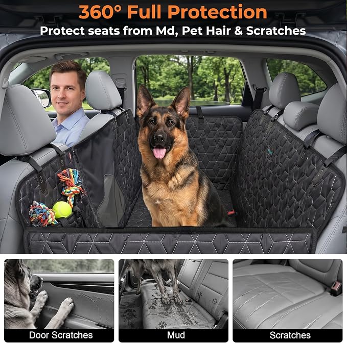 Dog Car Seat Cover for Back Seat, 56" Waterproof Dog Car Hammock with Mesh Window and Side Flaps, 600D Oxford Fabric Pet Seat Protector for Cars, SUVs & Mid-Size Trucks, Black