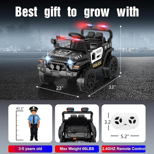 12V Ride on Car with Parent Remote Control, Toddler Police Electric Car with Spring Suspension, LED Lights & Music Player - Safe Battery Toy for Kids, Christmas & Birthday Gift