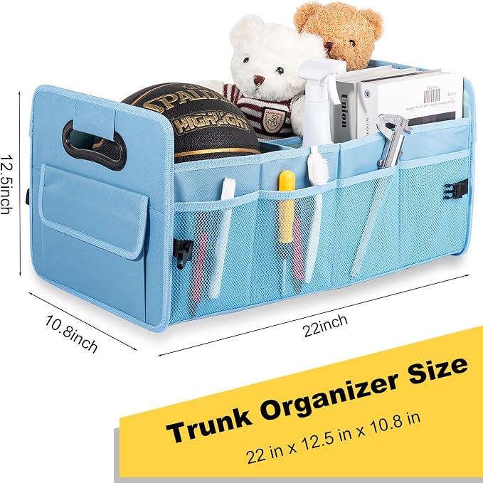 Car Trunk Organizer, Car Organizers and Storage Collapsible Multi Compartment Container Box, Adjustable Car Accessories for SUV Sedan Truck, Standard Size, Light Blue